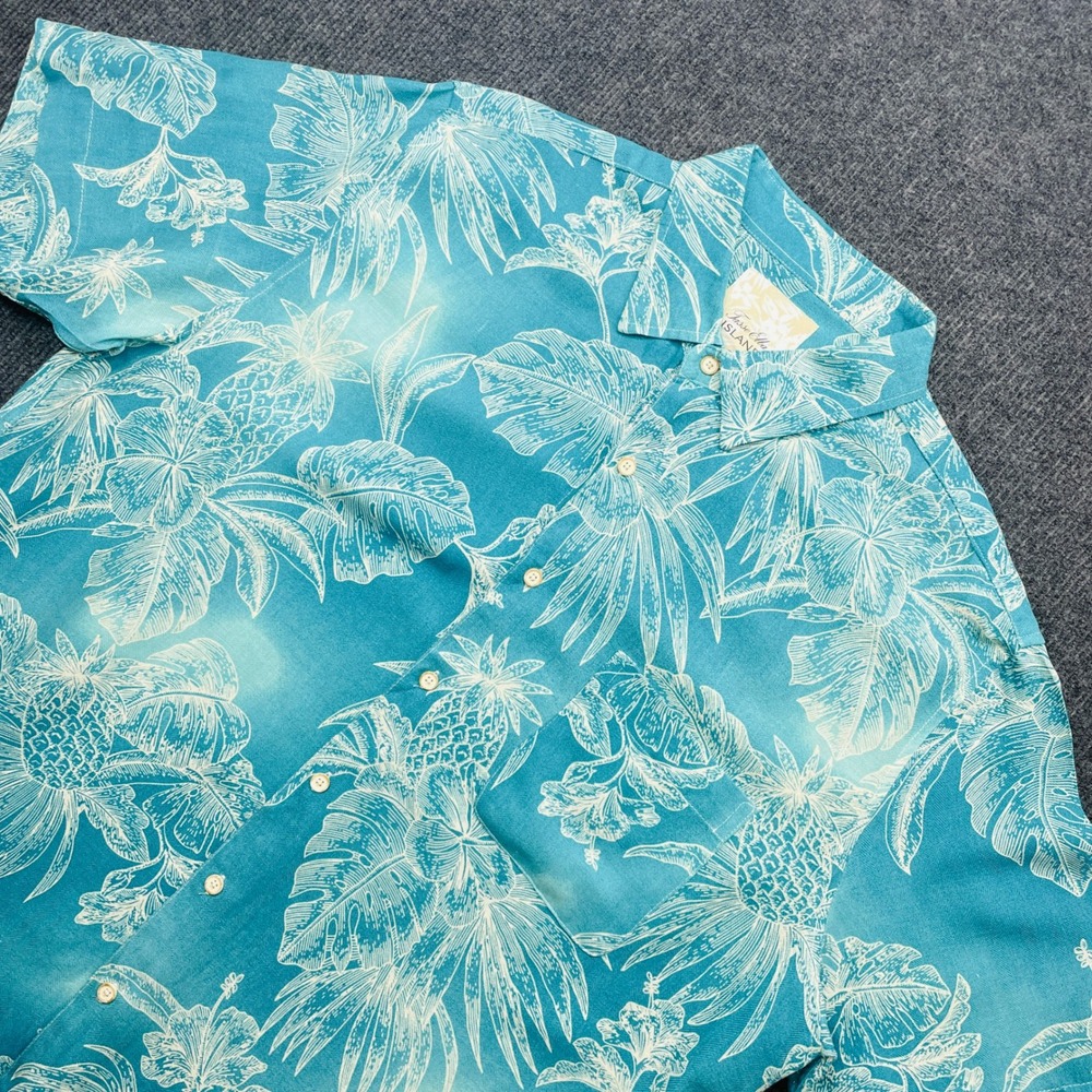 Tasso Elba‎ Island Silk Linen Hawaiian Shirt XL Teal Blue Tropical Pineapple XL